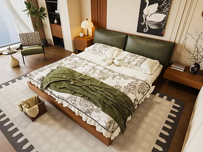 Modern Bedroom Interior with Double Bed Green Leather Headboard Floral Bedspread and Swan Painting 3d model