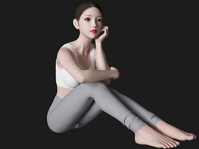A Woman In White Tank Top And Gray Leggings Sitting Cross-Legged On Black Background 3d model