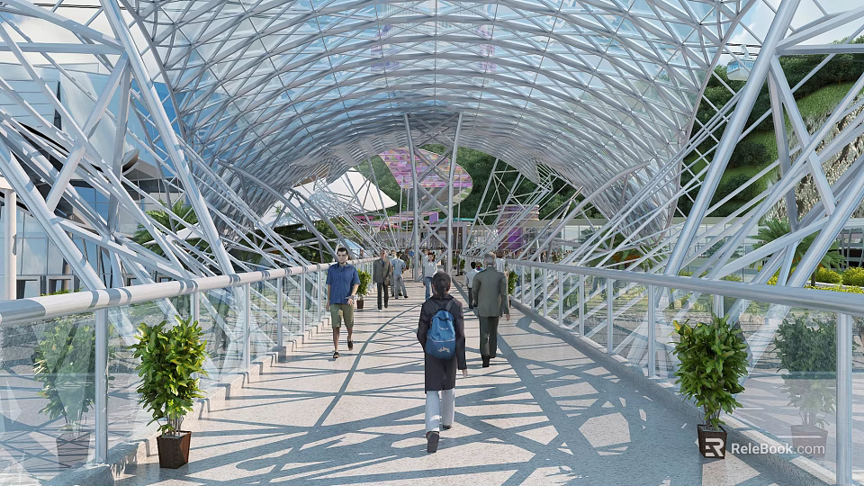 Transparent Dome Covered Bridge With White Metal Structure And Pedestrians Walking Along Green Plants 3d model 
