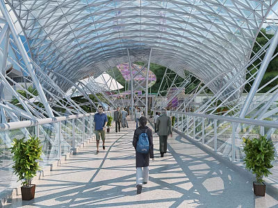 Transparent Dome Covered Bridge With White Metal Structure And Pedestrians Walking Along Green Plants 3d model