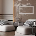Elegant Beige Leisure Sofa Set with Black White Checkered Cushions Modern Wall Decor Rectangular Mirror
