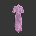 Green Long Dress with Short Sleeves Collar Belt and Decorative Patch