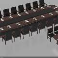 Modern Large Office Desk With Rectangular Wooden Tabletop And Multiple Black Chairs 3d model