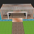 Modern Pergola With Wooden Slats Design In Grass And Water Feature Area