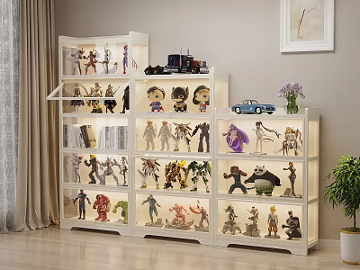 White Display Shelf with Storage for Organizing and Showcasing Collectible Toys in Living Room 3d model