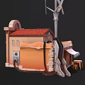 Cartoon Scene Featuring Small House With Red Roof Orange Walls Awning Windmill Table And Chairs