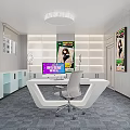 Contemporary Office Interior With White Desk Chair Monitor Wall Posters Windows Ceiling Light Gray Carpet