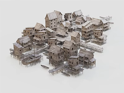 Traditional Wooden Stilt Houses Village With Interconnected Wooden Walkways And Scenic Structures 3d model