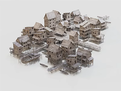 Traditional Wooden Stilt Houses Village With Interconnected Wooden Walkways And Scenic Structures 3d model