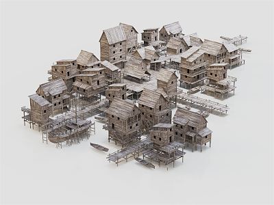 Modern Wooden House Village 3d model