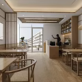 Spacious Open Restaurant Interior With Wooden Tables Chairs Pendant Lights Wall Decorations And TV