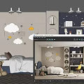 Children's Room With Cloud Star Wall Decor Gray Blue Walls Round Bookshelves Desk Yellow Chair