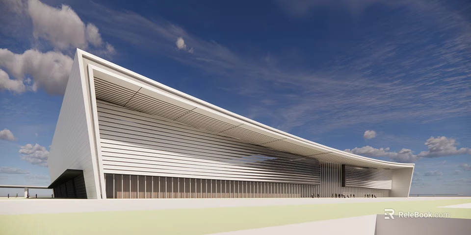 Modern White Building Exterior With Horizontal Lines And Sloped Roof Against Blue Sky Background 3d model 
