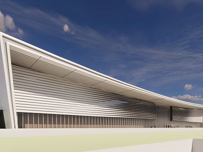 Modern White Building Exterior With Horizontal Lines And Sloped Roof Against Blue Sky Background 3d model