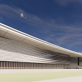Modern White Building Exterior With Horizontal Lines And Sloped Roof Against Blue Sky Background