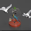 Two Flying Seagulls Circling Around Birdcage With Colorful Parrot Inside