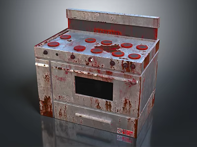 Rusty Vintage Kitchen Stove With Red Knobs And Worn Metal Surface 3d model
