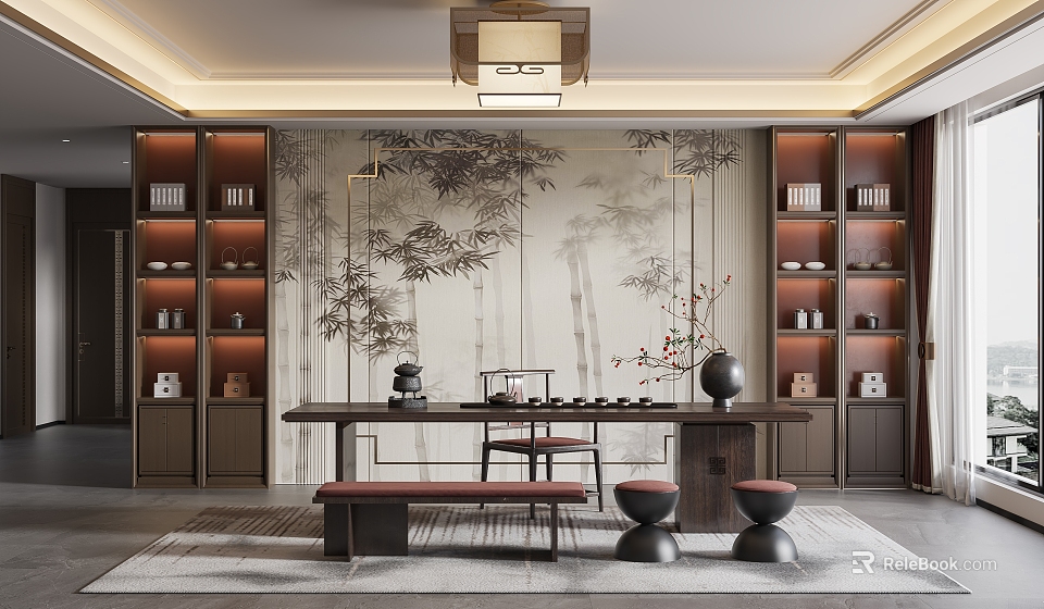 Traditional Chinese Tea Room Interior Design With Bamboo Backdrop Tea Sets And Wooden Shelves 3d model 