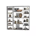 Decorative Ornament Set With Vases Bowls Frames Sculptures And Books On Shelves