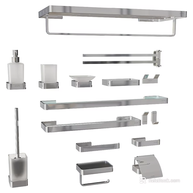 Modern Stainless Steel Bathroom Accessories Featuring Towel Racks Soap Dispensers Shelves And Holders 3d model 
