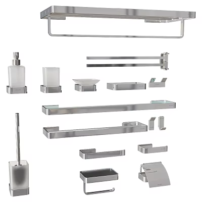 Modern Stainless Steel Bathroom Accessories Featuring Towel Racks Soap Dispensers Shelves And Holders 3d model