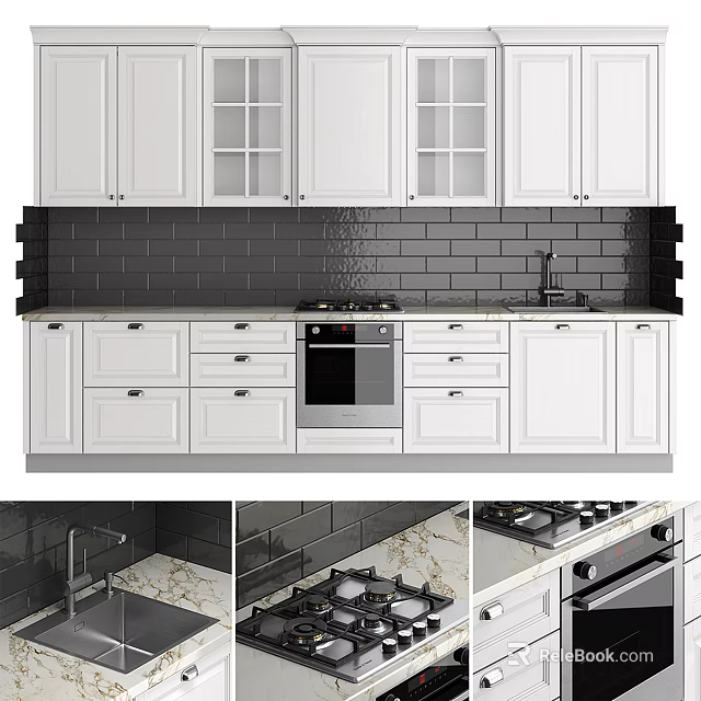 White Cabinets Kitchen With Black Tile Backsplash Marble Countertop Gas Stove And Sink 3d model 