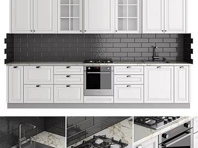 White Cabinets Kitchen With Black Tile Backsplash Marble Countertop Gas Stove And Sink 3d model