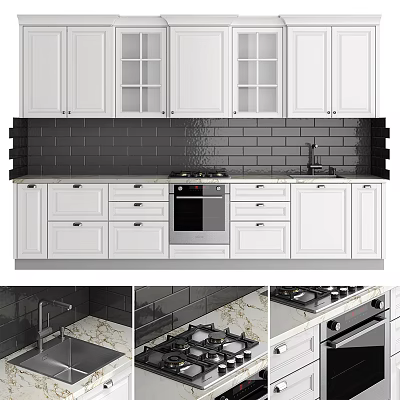 White Cabinets Kitchen With Black Tile Backsplash Marble Countertop Gas Stove And Sink 3d model