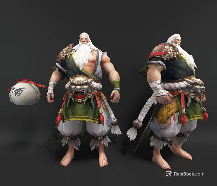 Muscular Game Character With White Beard Traditional Green Red Costume Lion Head Ornament And Ball 3d model 