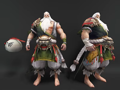 Muscular Game Character With White Beard Traditional Green Red Costume Lion Head Ornament And Ball 3d model