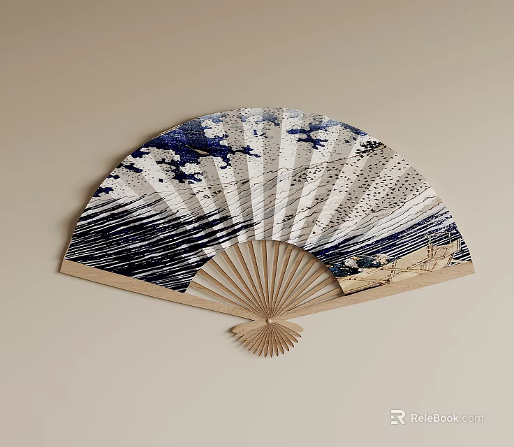 Blue And White Fan Shaped Wall Decor With Traditional Oriental Pattern For Home 3d model 