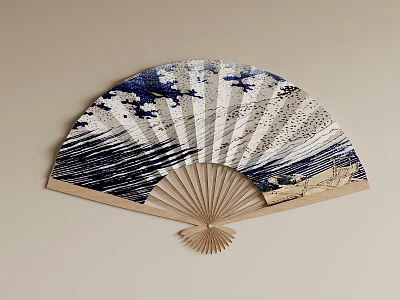 Blue And White Fan Shaped Wall Decor With Traditional Oriental Pattern For Home 3d model