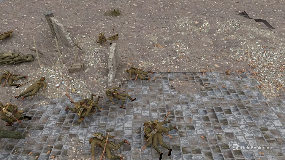 Cartoon Scene With Soldier Figures Broken Walls Wooden Boxes Grid Patterned Ground And Scattered Items 3d model 