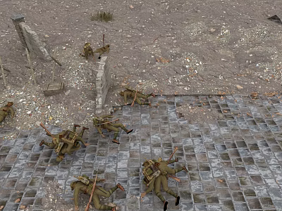 Cartoon Scene With Soldier Figures Broken Walls Wooden Boxes Grid Patterned Ground And Scattered Items 3d model