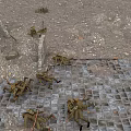 Cartoon Scene With Soldier Figures Broken Walls Wooden Boxes Grid Patterned Ground And Scattered Items