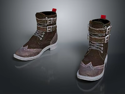 Brown Leather Boots With Buckles Laces White Sole And Red Tag For Daily Use 3d model