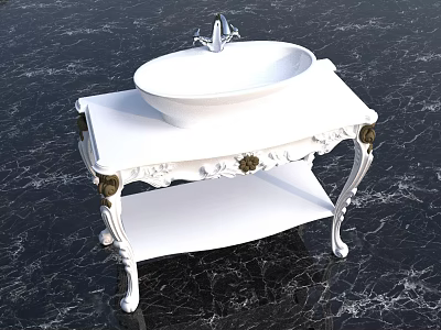 Elegant White Washbasin With Carved Design On Stand And Gold Accents On Black Marble 3d model