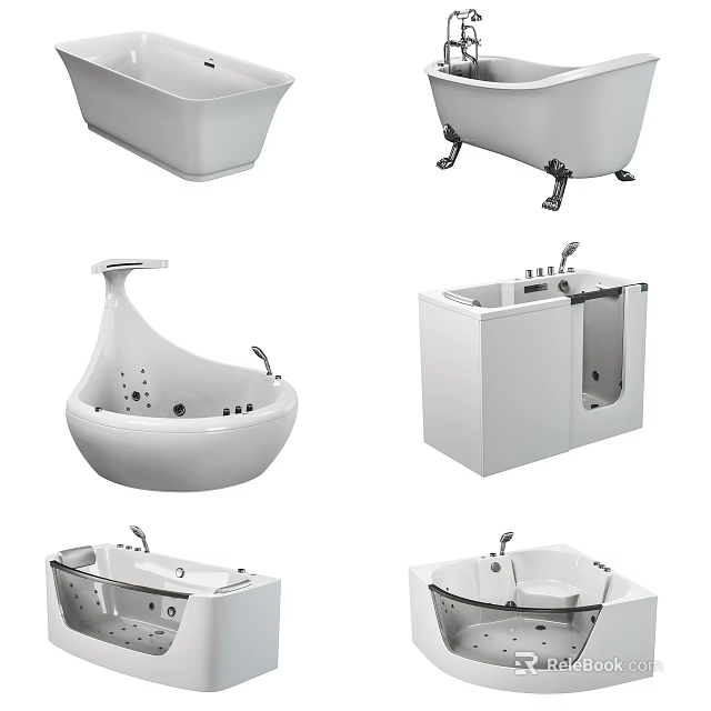 Various Modern Bathtub Designs Including Freestanding Whirlpool Walk In And Metal Leg Styles 3d model 