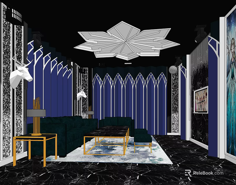 Modern KTV Interior Design With Blue Decor Comfortable Sofa And Stylish Lighting 3d model