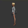 3D Game Movie Character with Blonde Hair Blue White Chevron Cape Dress Fringes Red Shoes
