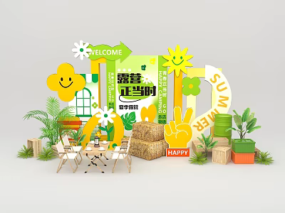 Spring Summer Outdoor Decor With Welcome Sign Smiley Green Plants Happy Hay Bales And Tables 3d model