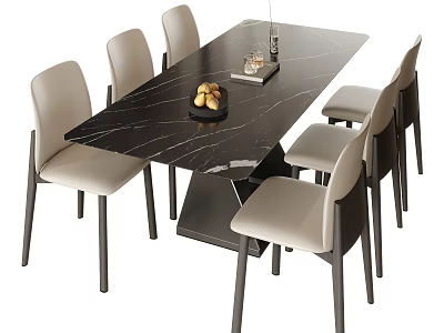 Modern Black Marble Dining Table Set With Light Upholstered Chairs And Fruit Tray 3d model