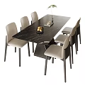 Modern Black Marble Dining Table Set With Light Upholstered Chairs And Fruit Tray