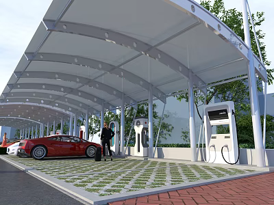 Electric Vehicle Charging Station Canopy With Charging Ports Parked Red Car And Green Grid Pavement 3d model