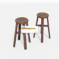 Two Vintage Wooden Stools With Round Top And Cross Legs Design