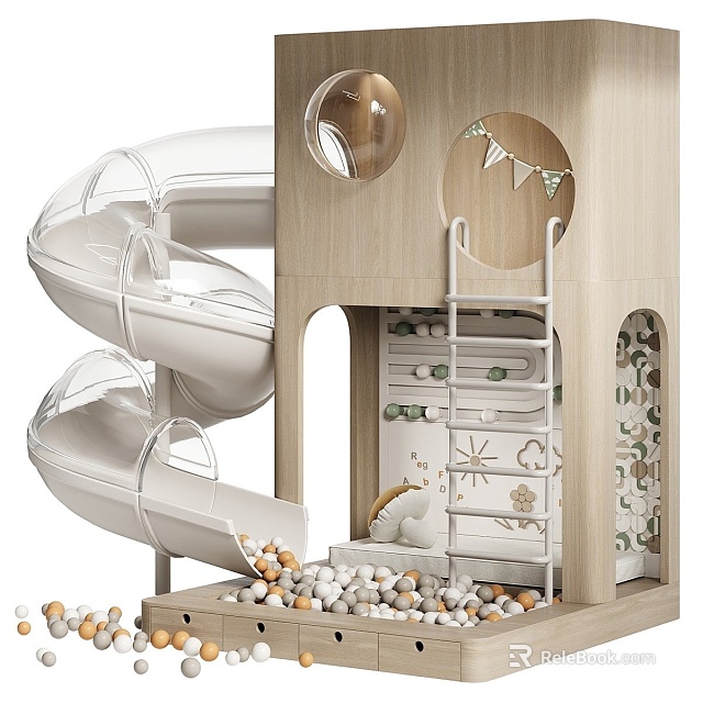 Fun Interactive Kids Play Area With Wooden Structure Transparent Spiral Slides Ladder And Colorful Balls 3d model 