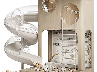 Fun Interactive Kids Play Area With Wooden Structure Transparent Spiral Slides Ladder And Colorful Balls 3d model