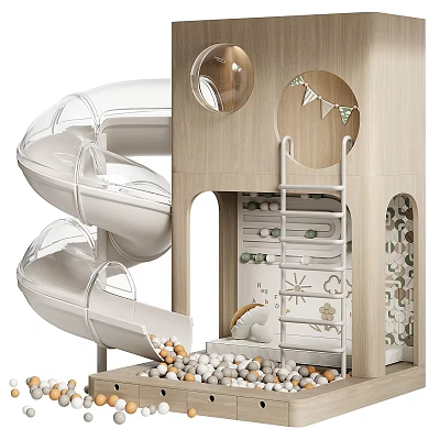 Fun Interactive Kids Play Area With Wooden Structure Transparent Spiral Slides Ladder And Colorful Balls 3d model