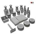 Daily Washing Essentials with Brown Bottles Small Jars Gray Towel Shaving Brush and Metal Lids