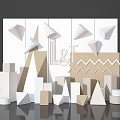 Modern Window Display With Geometric Shapes Triangles Cubes White Beige Backdrop L&T Logo Zigzag Pattern 3d model